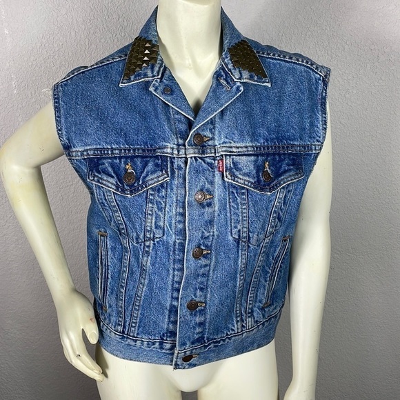 Vintage 90s Levis Studded Collar Indigo Blue Denim Trucker Vest Sz M - Picture 15 of 15